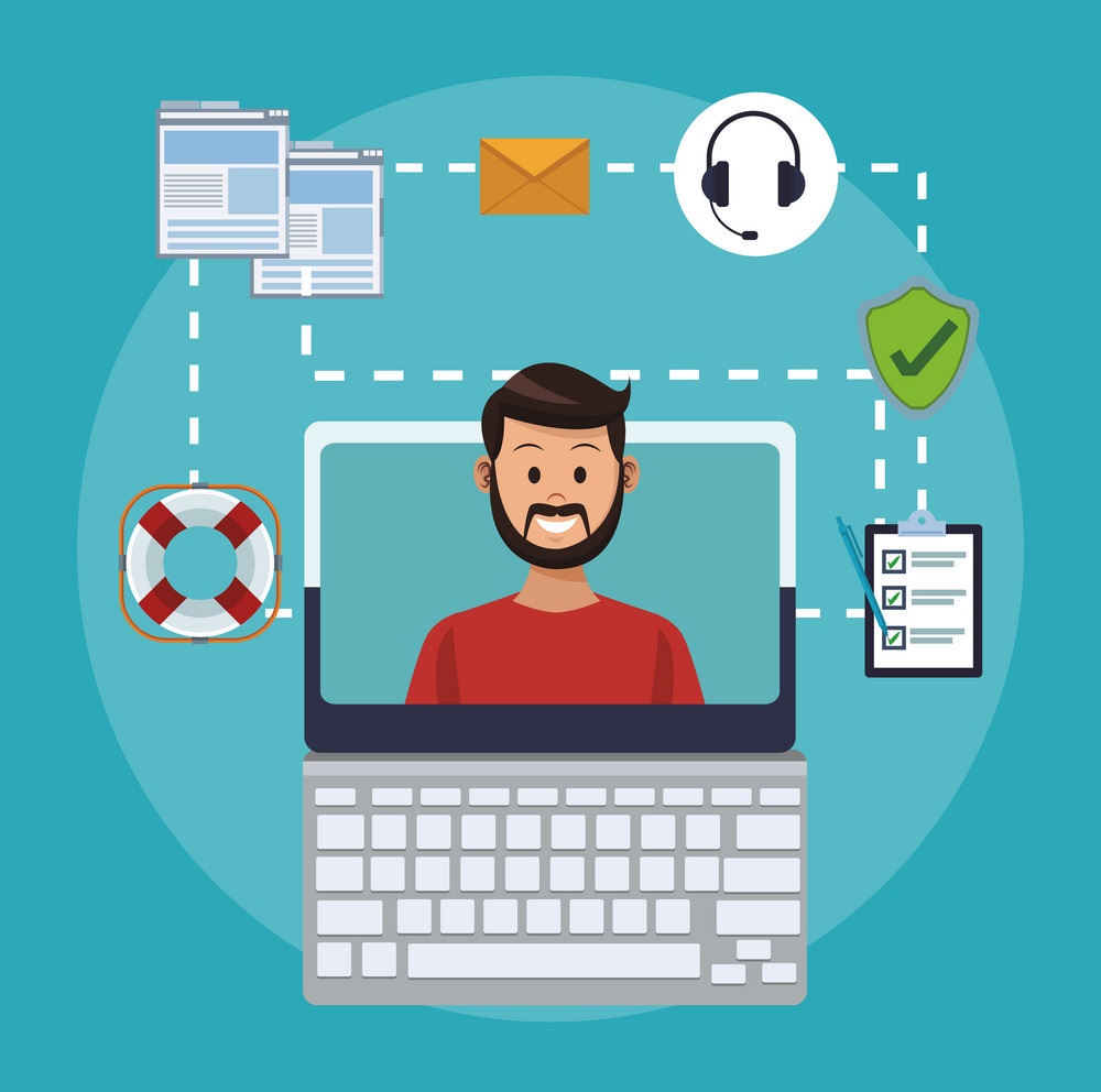 Online customer service and support from computer vector illustration graphic design
